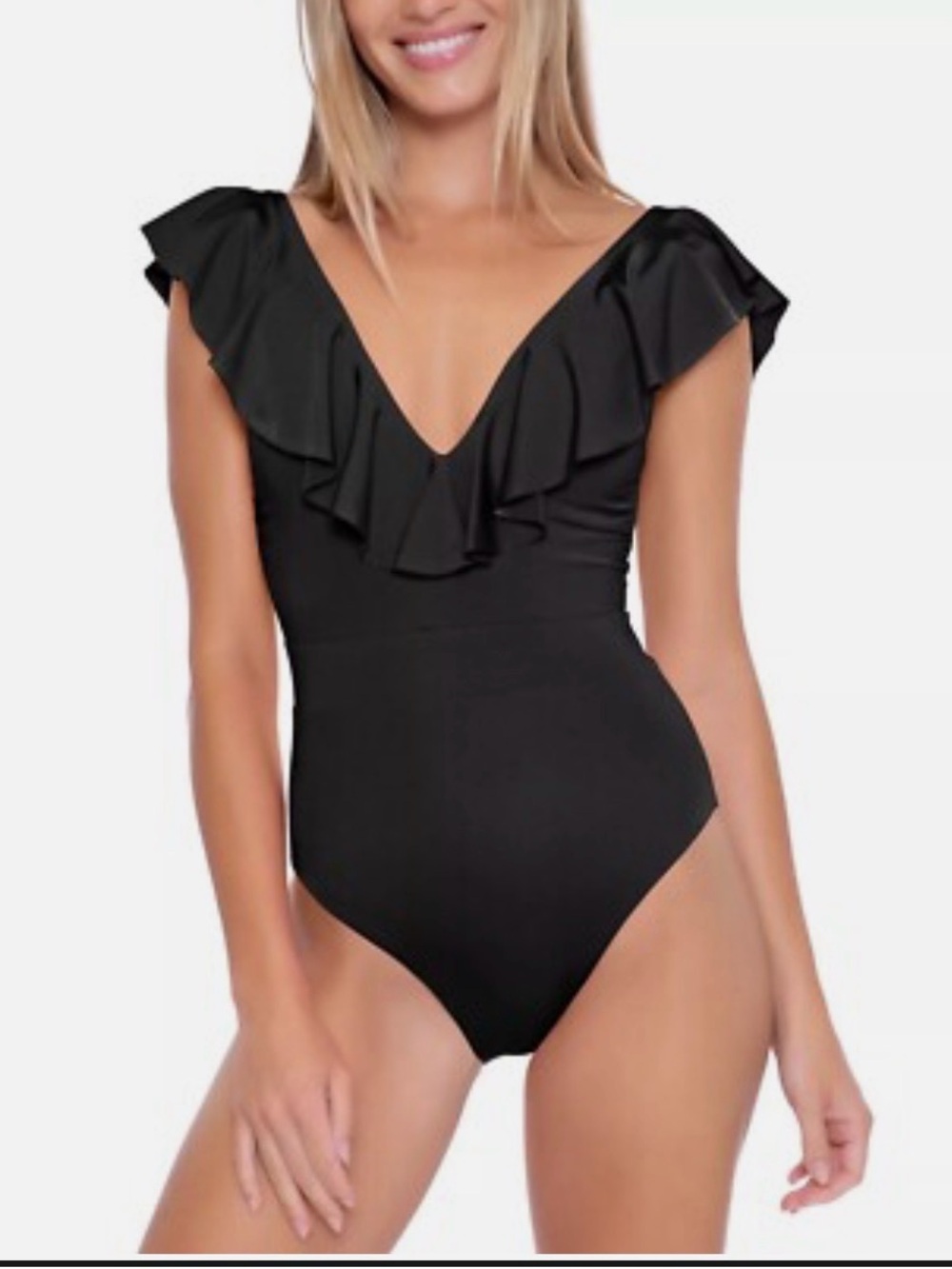 Trina Turk Black Monaco Ruffle V-Neck One-Piece swimsuit